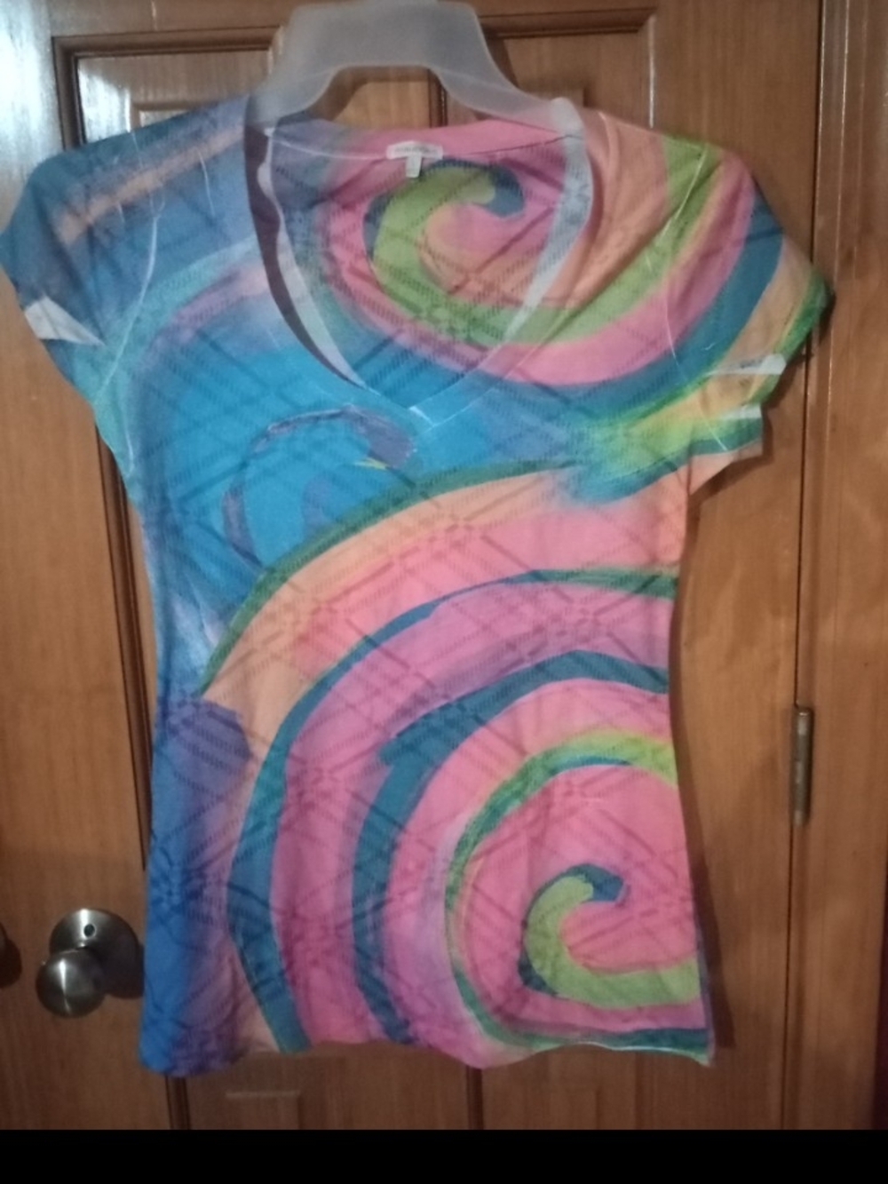 Maurices Swirl-Print V-Neck Tee in Pink, Blue & Green